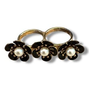 Floral Double Ring with Black Enamel and Pearls
